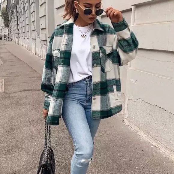 SOLD OUT Green Plaid Oversized Flannel Shacket Shirt Jacket - Picture 2 of 14